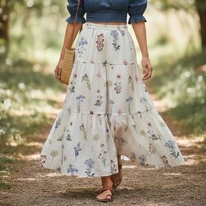Floral Tiered Maxi Skirt in White